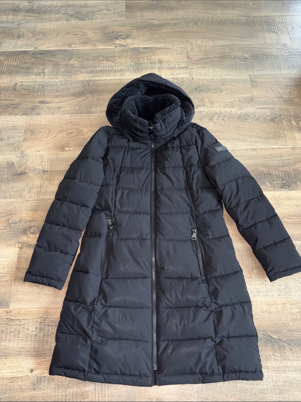 Calvin Klein Womens Faux-Fur-Lined Midi Puffer Coat Black size medium